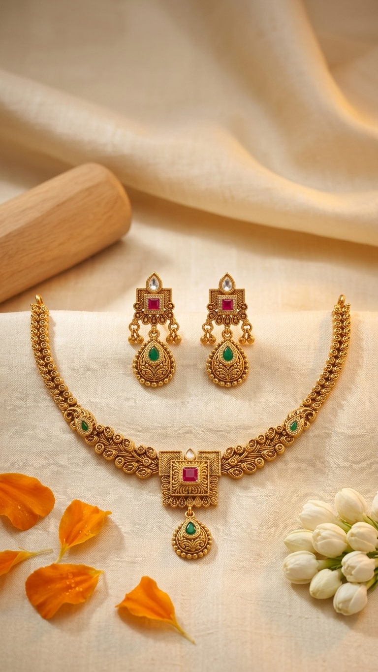 Temple Coin Pendant Chain Necklace & Stud Earring Set