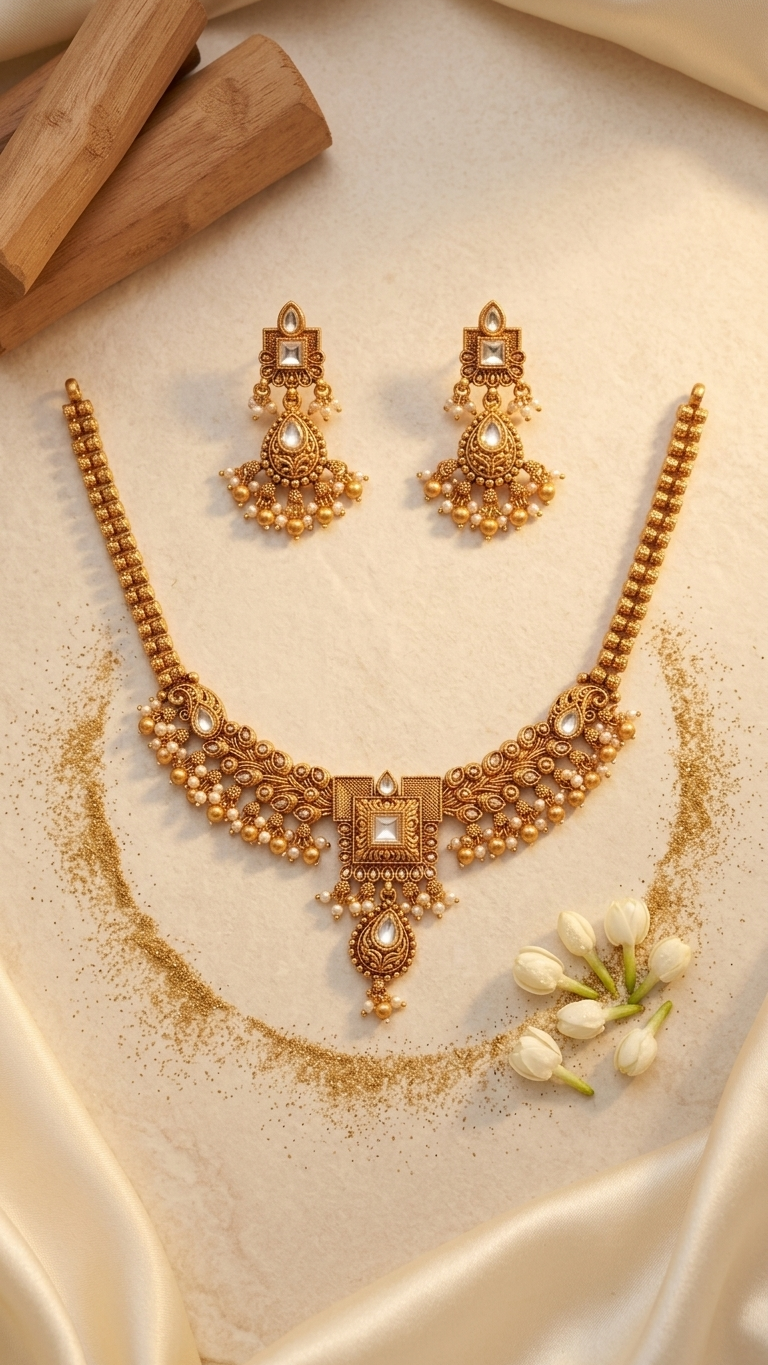 Ruby Cluster Bib Necklace & Hoop Jhumka Earring Set
