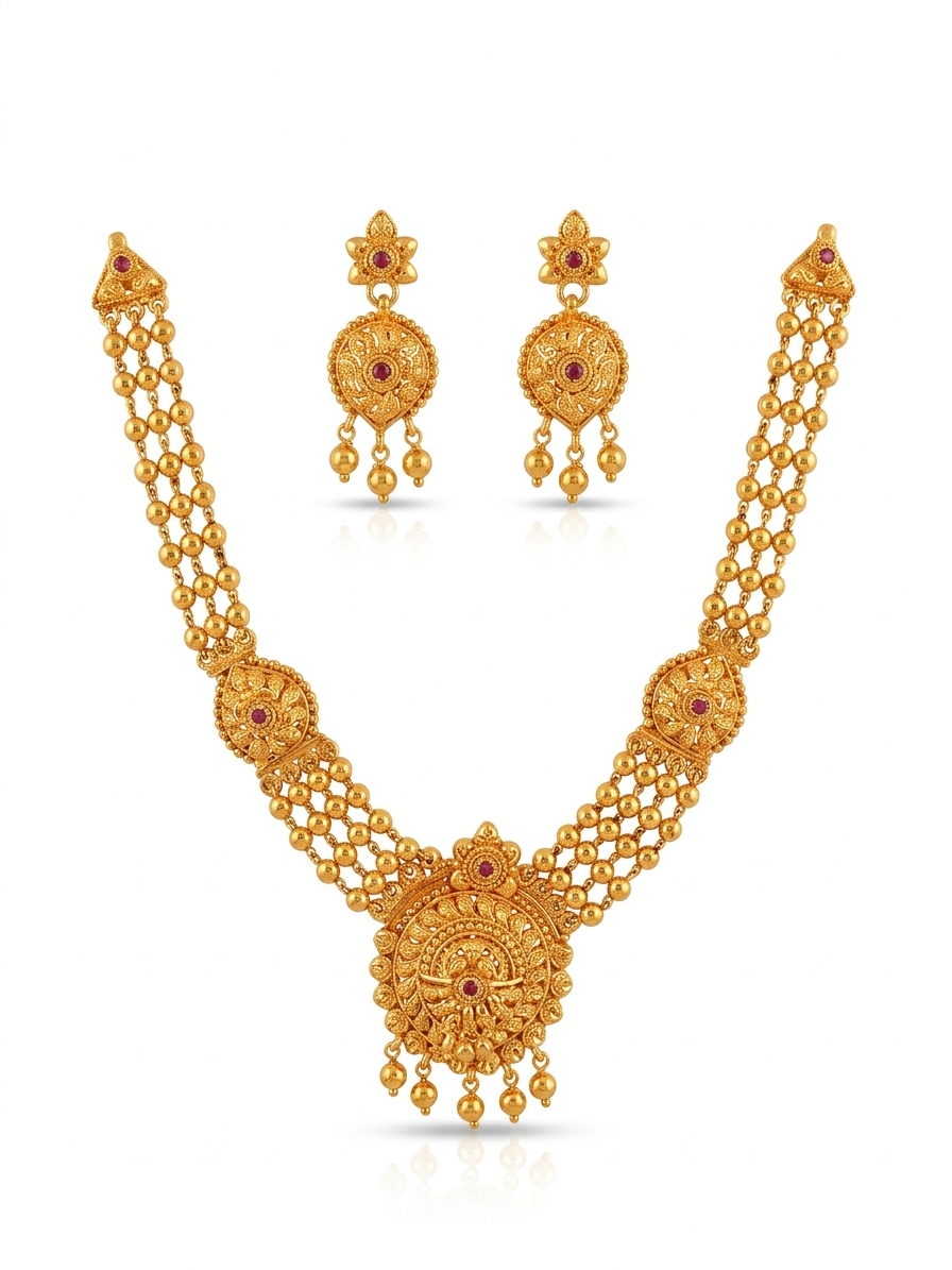 Gold Ball Mesh Ruby Choker Set