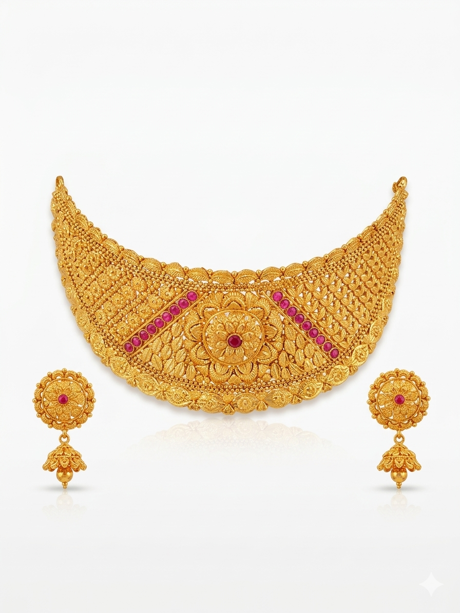 Bridal Crescent Ruby Band Choker Set