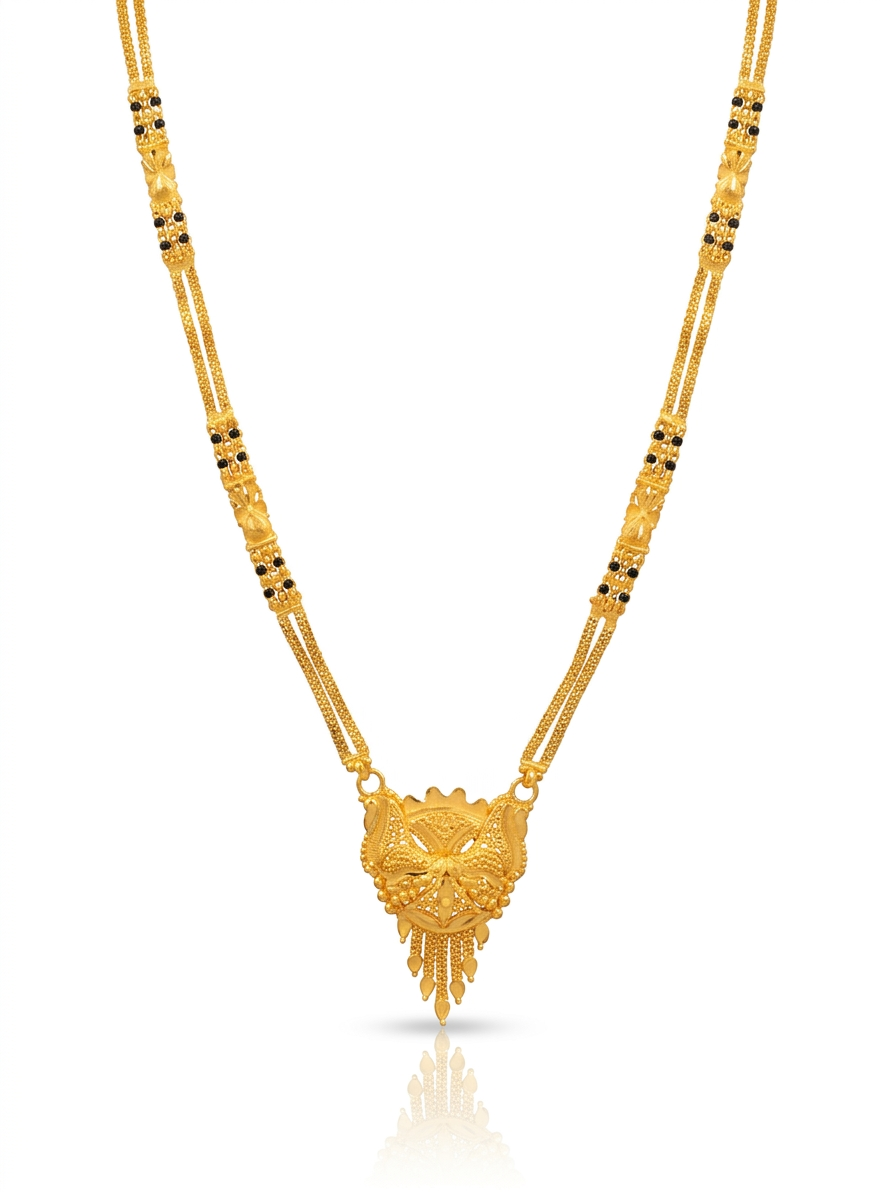 Gold Lion Pendant & Black Bead Long Necklace