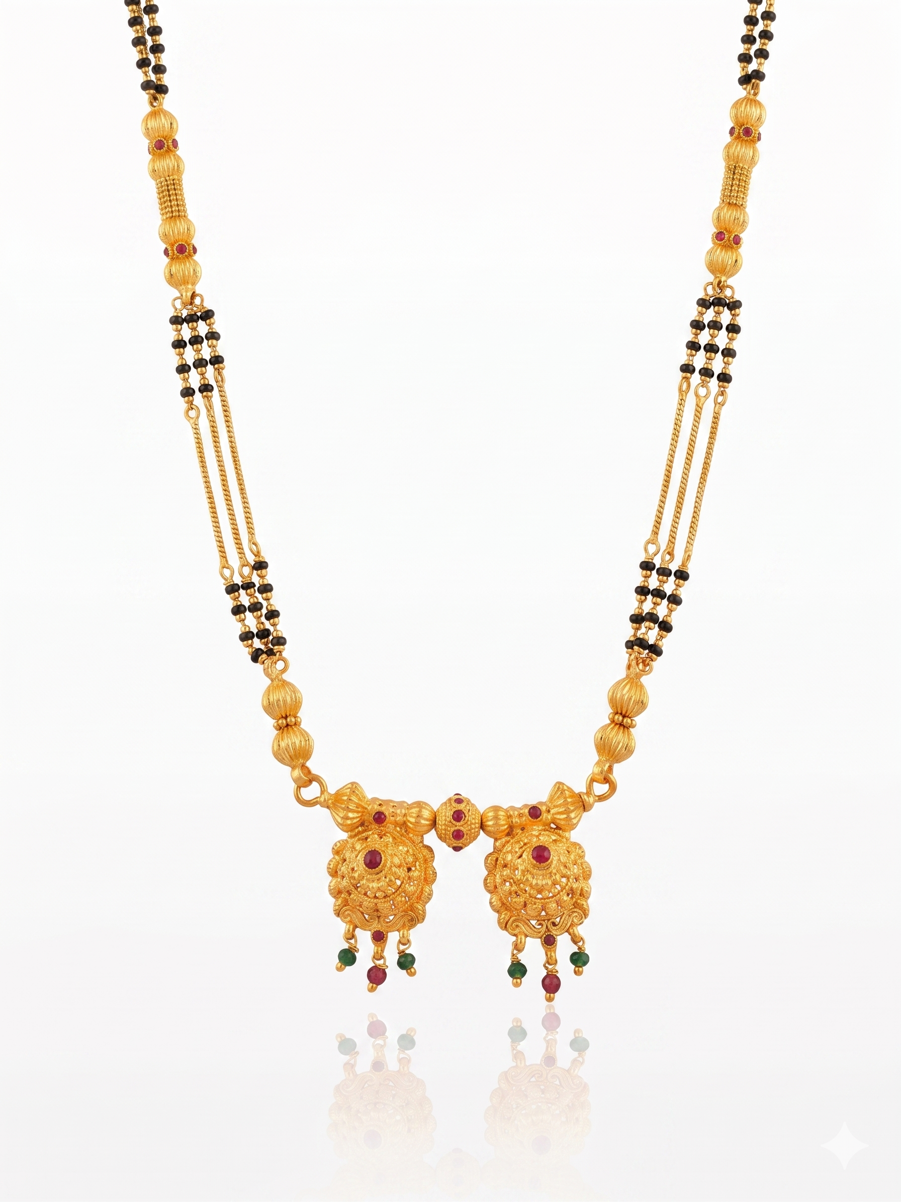 Gold Double Pendant & Black Bead Long Necklace