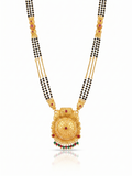 Gold Round Pendant & Black Bead Long Necklace