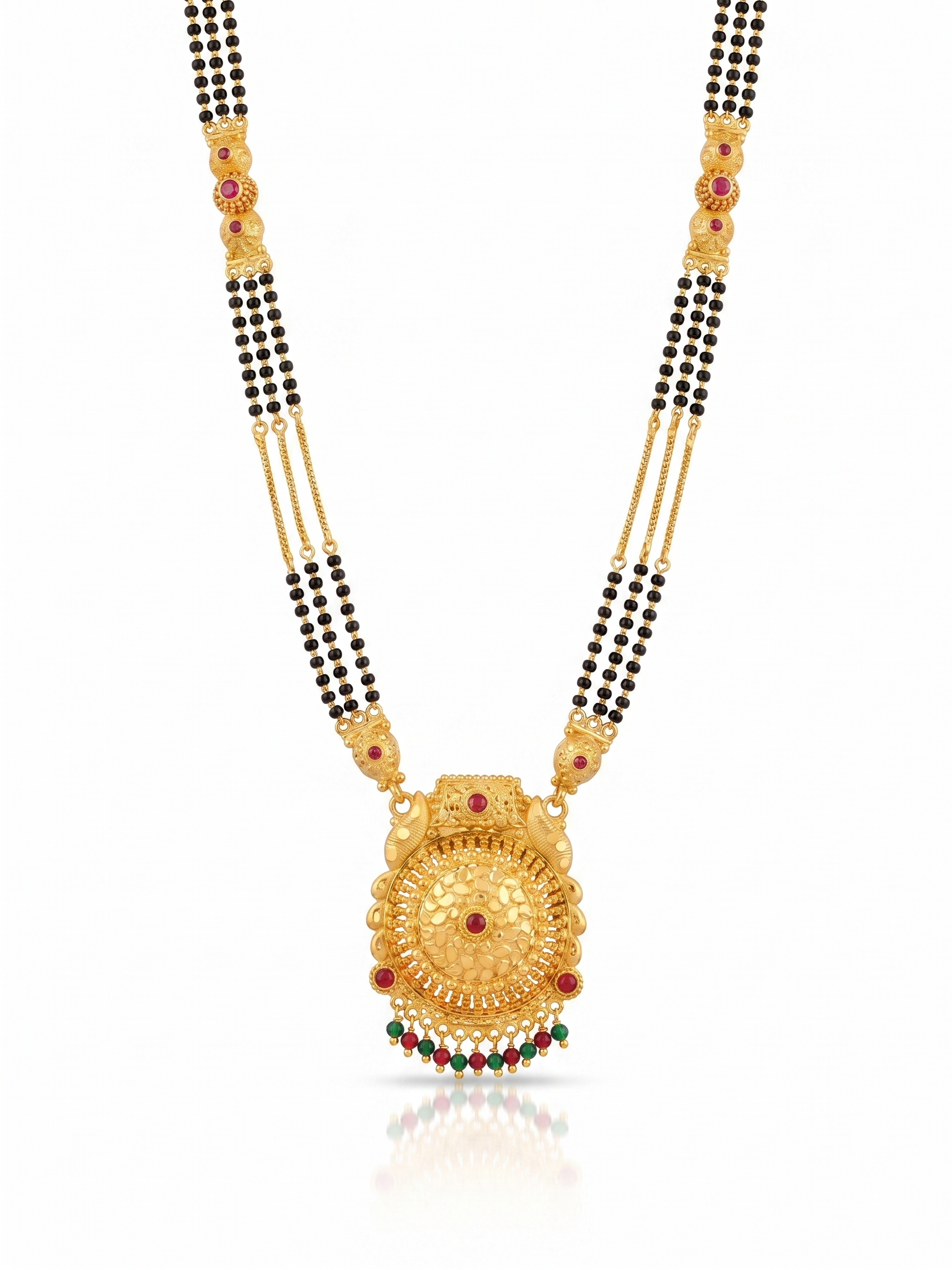 Gold Round Pendant & Black Bead Long Necklace