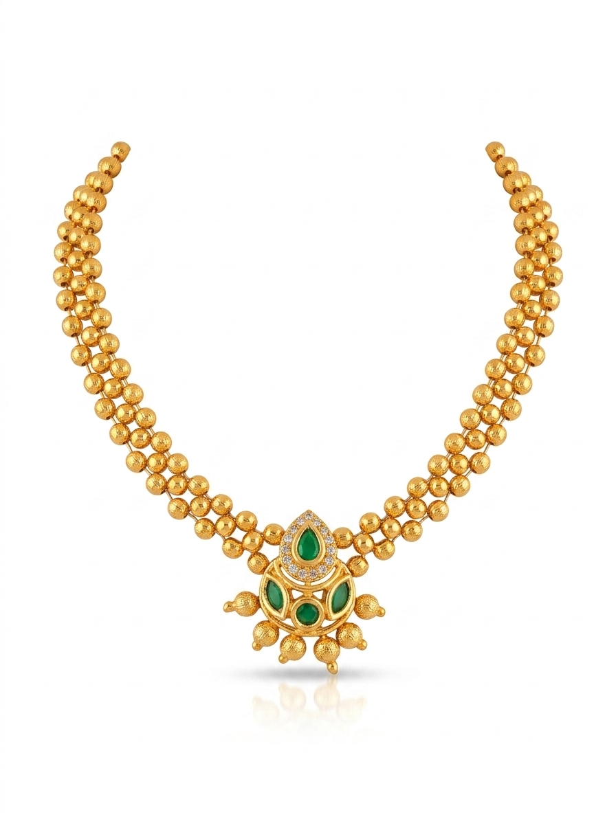 Gold Bead & Emerald Pendant Thushi Necklace