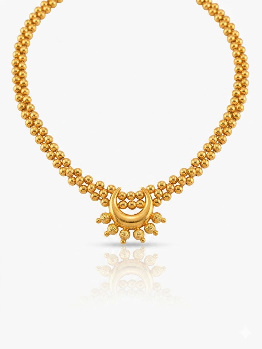 Gold Bead Thushi with Floral Crescent Pendant