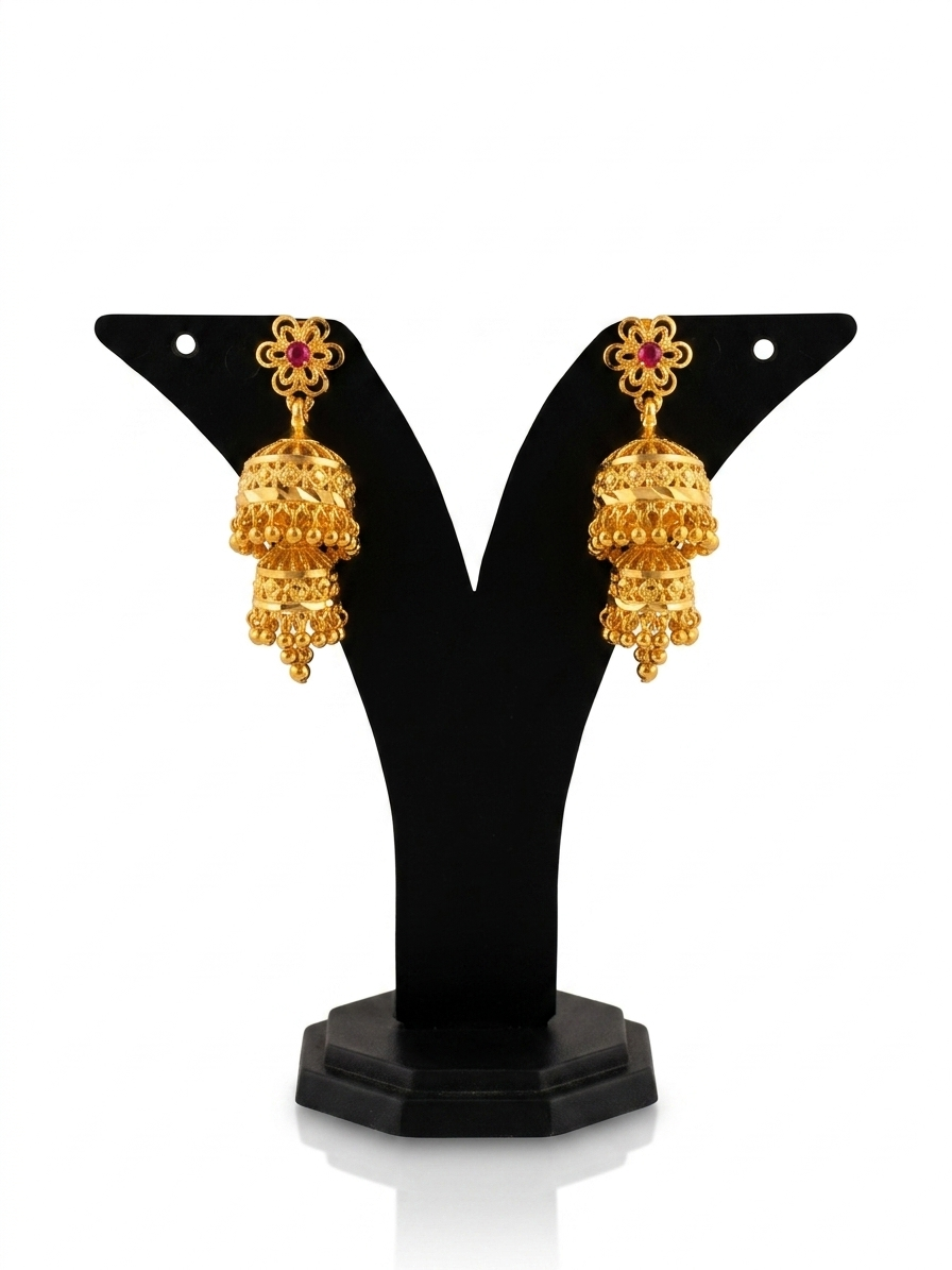 Gold Floral Jhumka Earrings with Ruby Top