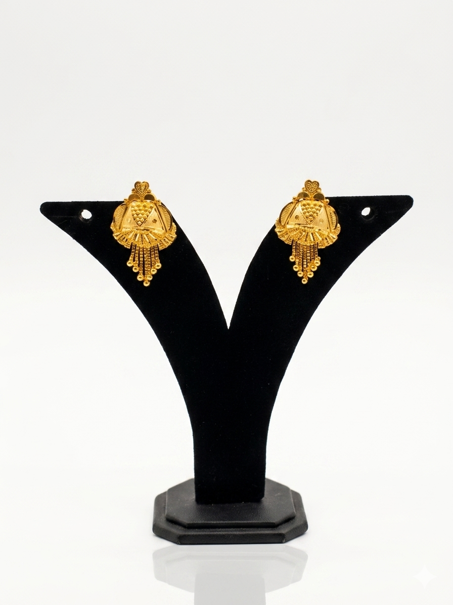 Gold Dome Stud Earrings with Tassel Drops
