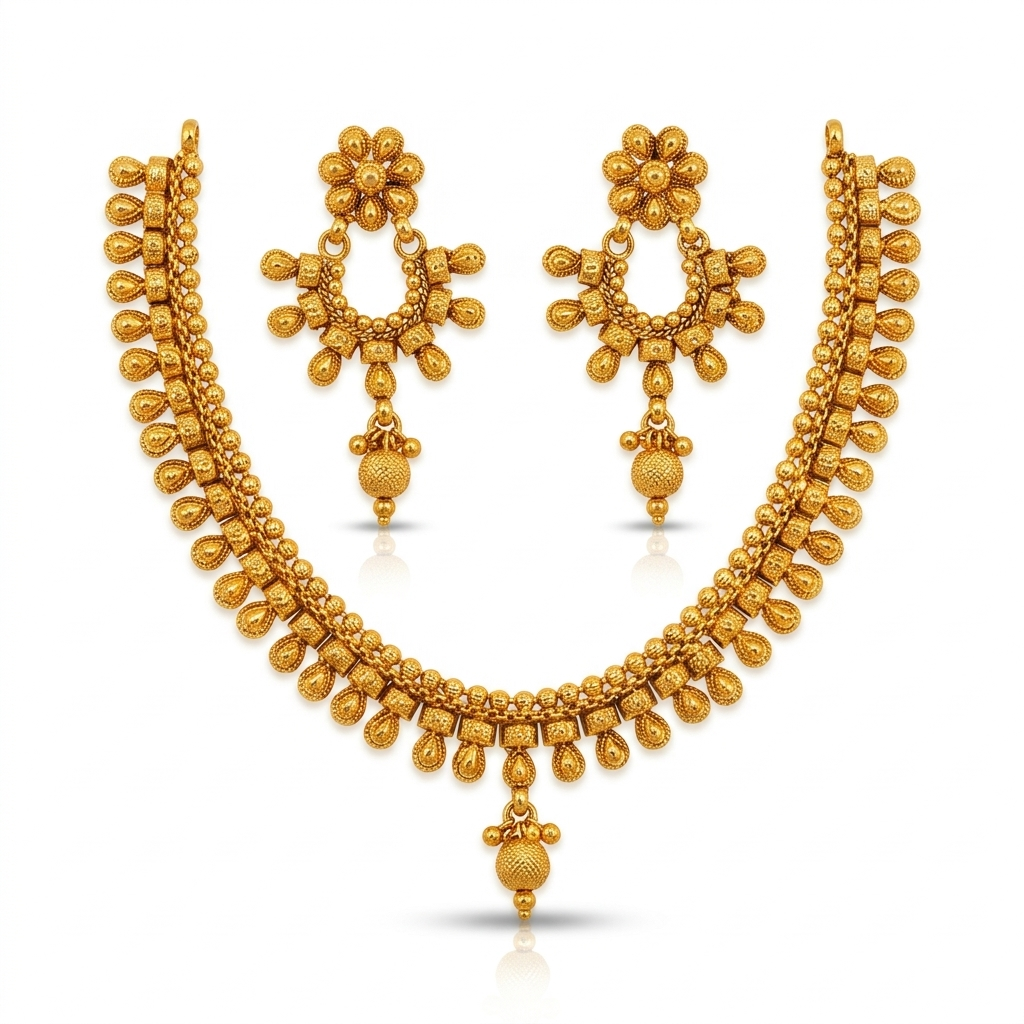 Antique Gold Teardrop Necklace & Chandbali Earring Set