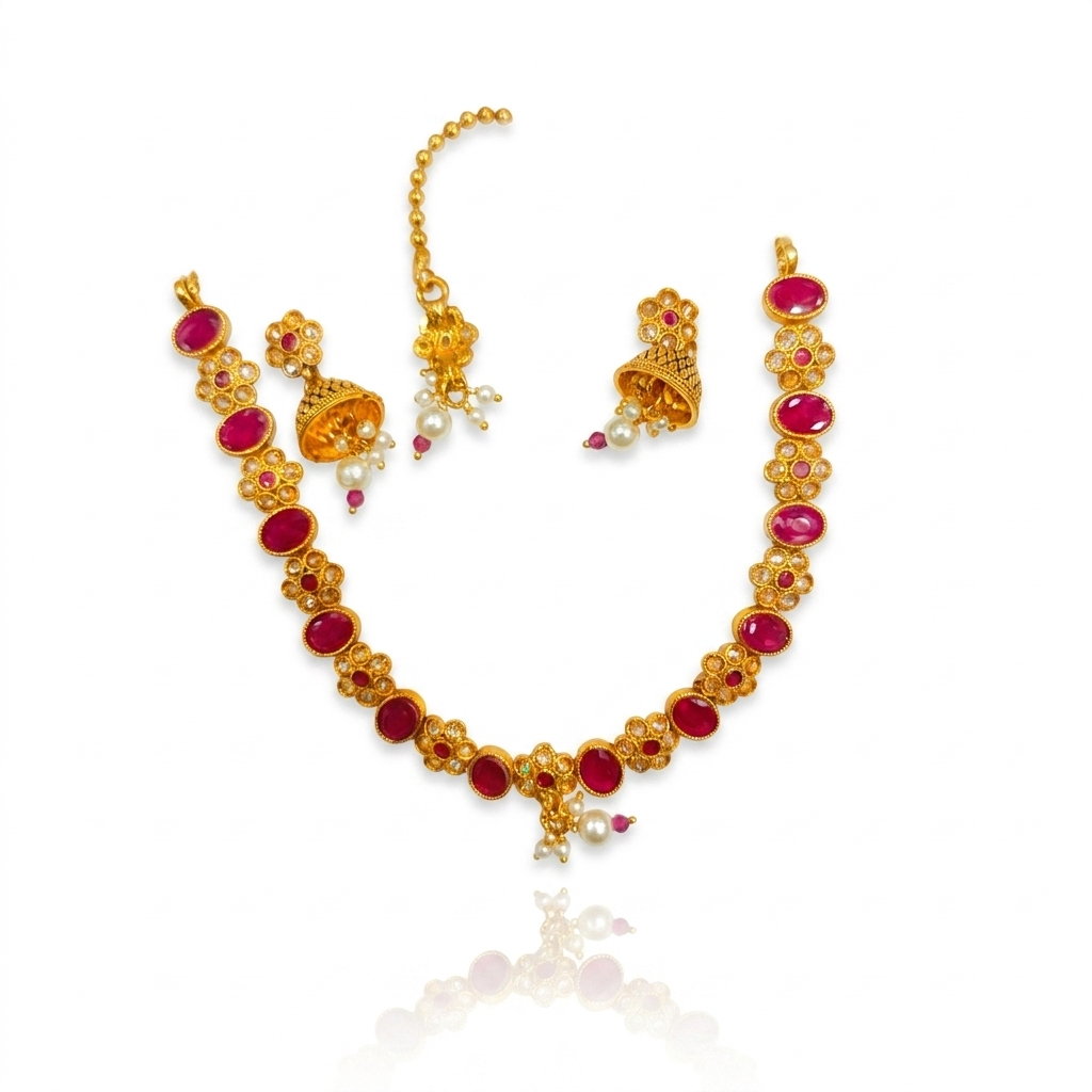 Ruby Oval Stone Necklace, Pearl Jhumka & Maang Tikka Set