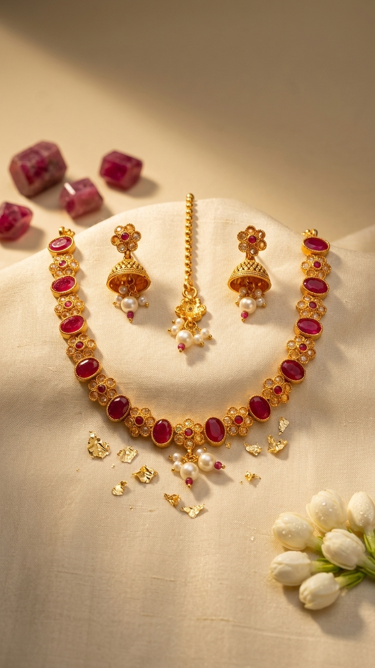 Ruby Oval Stone Necklace, Pearl Jhumka & Maang Tikka Set