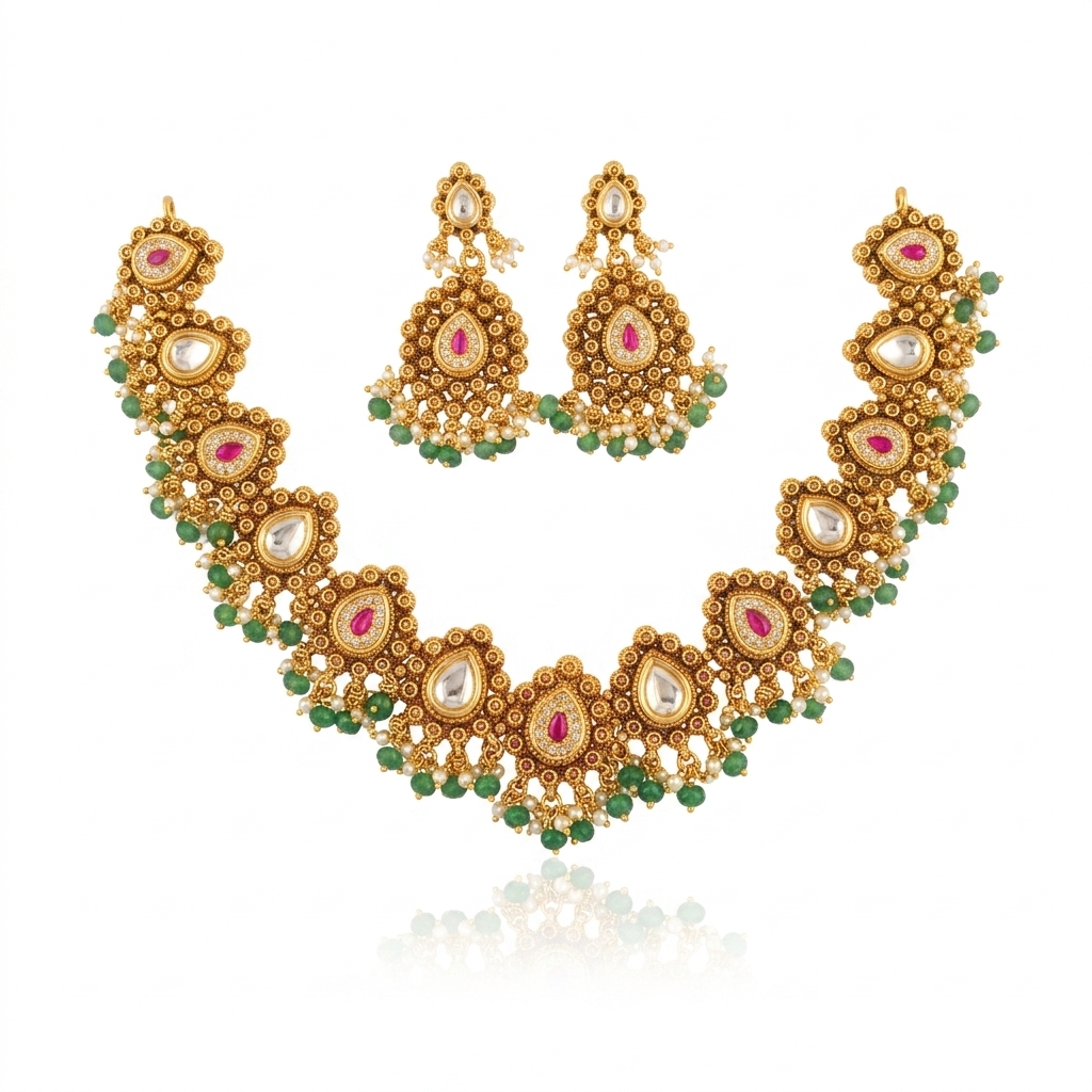 Emerald Peacock Choker Necklace & Jhumka Earring Set