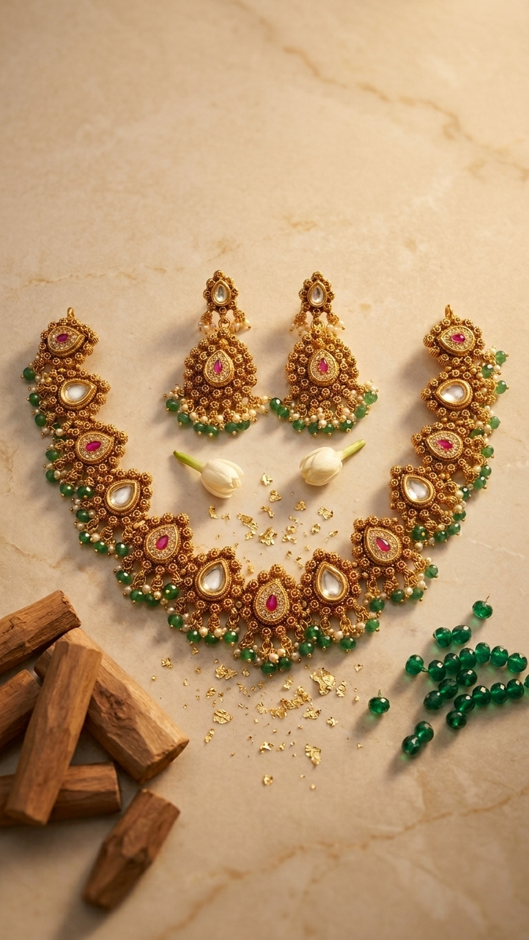 Emerald Peacock Choker Necklace & Jhumka Earring Set