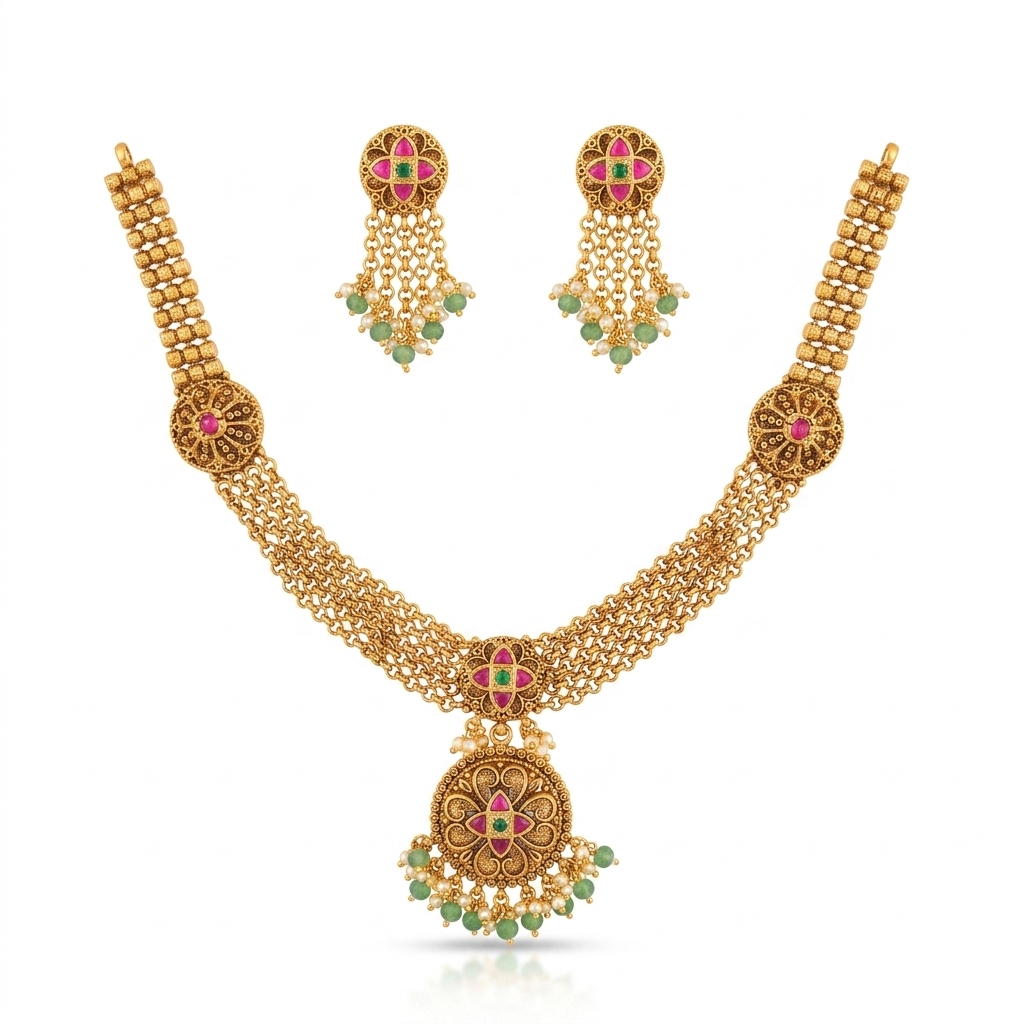 Gold Layered Floral Choker & Long Chain Earring Set