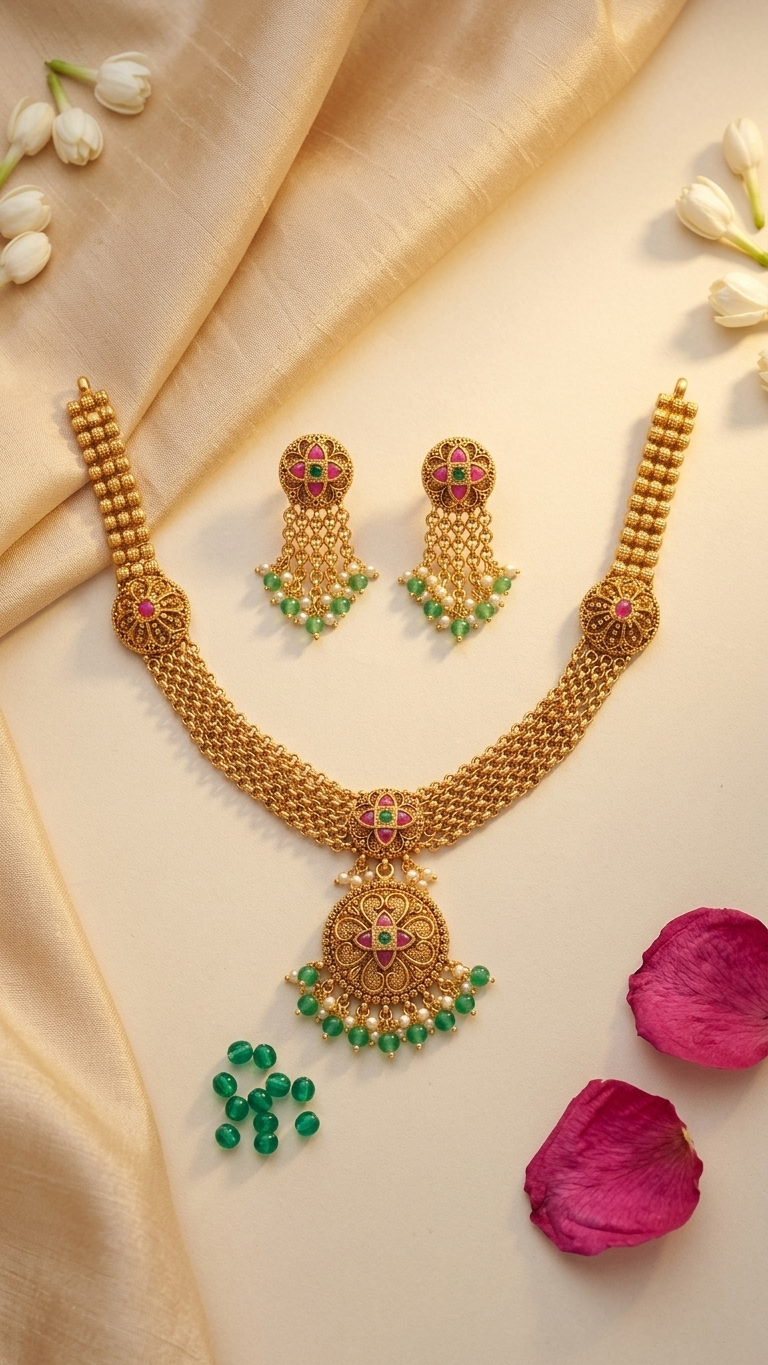 Gold Layered Floral Choker & Long Chain Earring Set