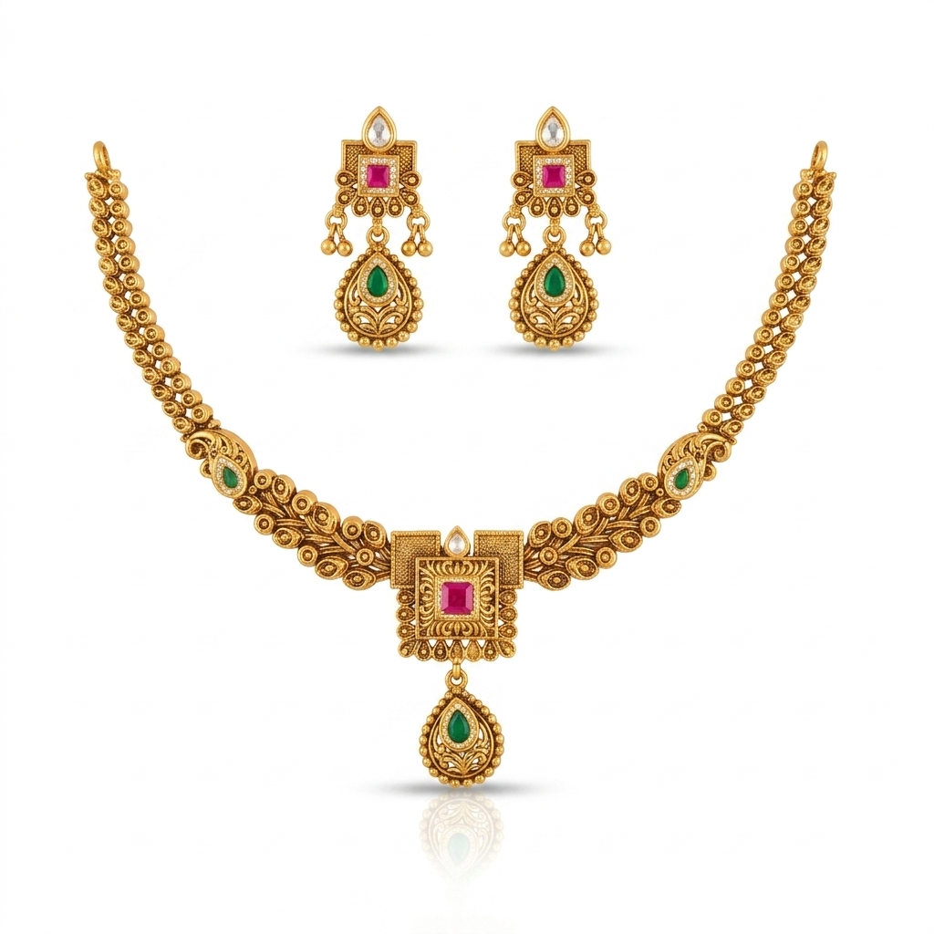Temple Coin Pendant Chain Necklace & Stud Earring Set