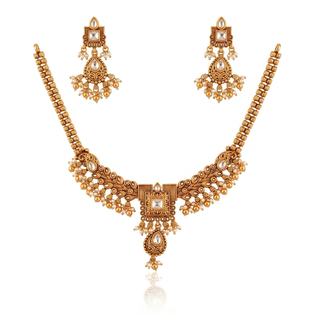 Ruby Cluster Bib Necklace & Hoop Jhumka Earring Set