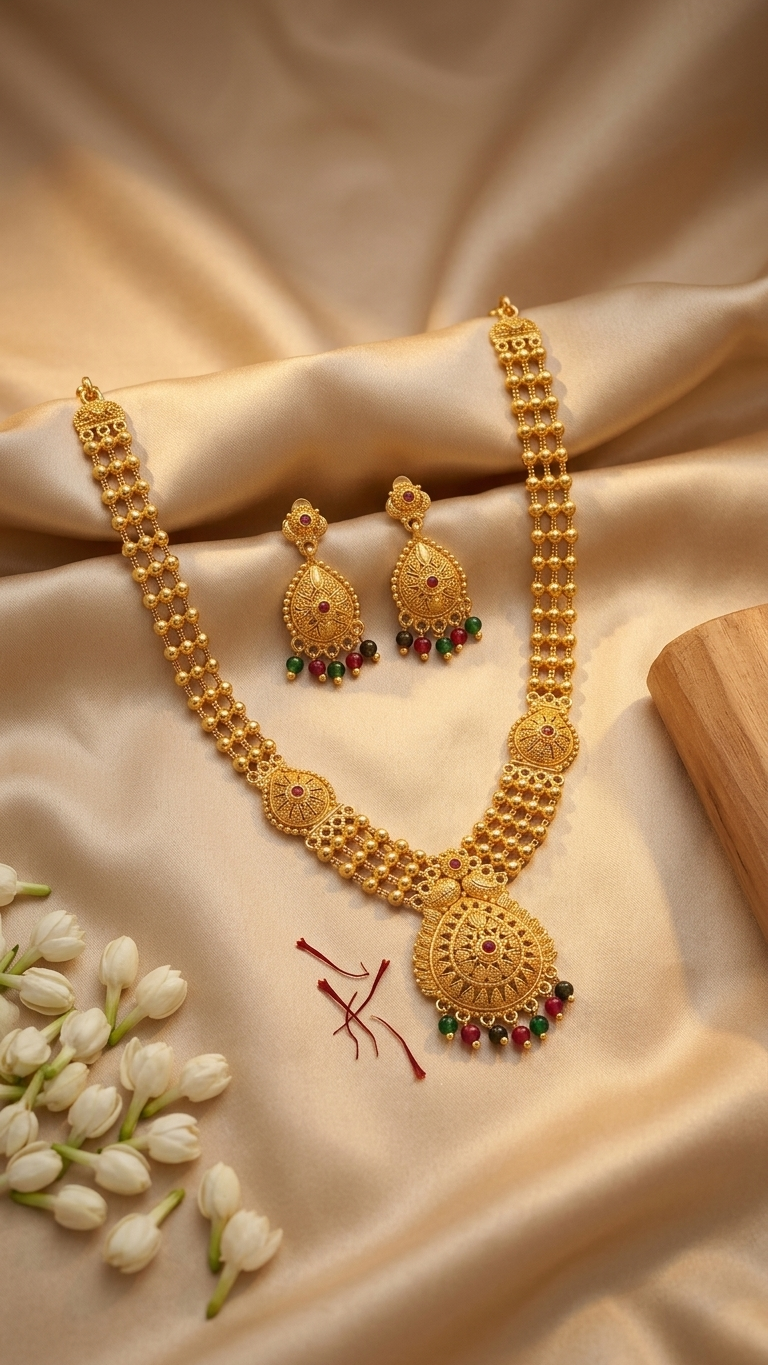Layered Beaded Gold Chain Necklace & Tassel Earring Set