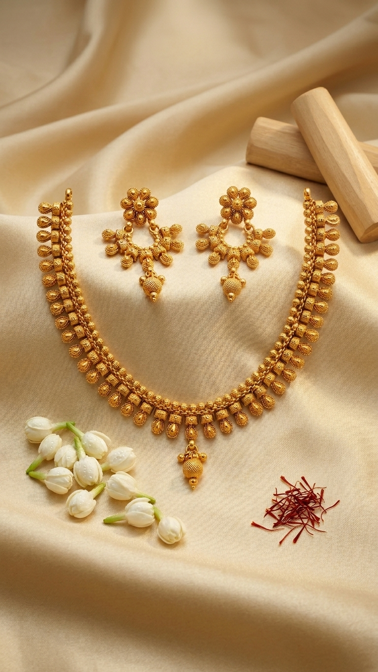 Antique Gold Teardrop Necklace & Chandbali Earring Set