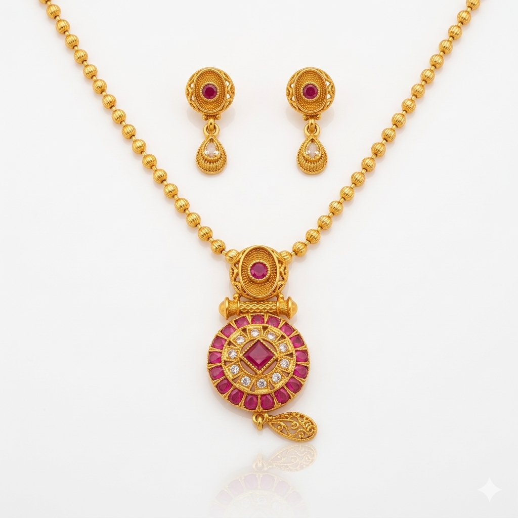 Ruby Circular Pendant Gold Chain Necklace & Earring Set