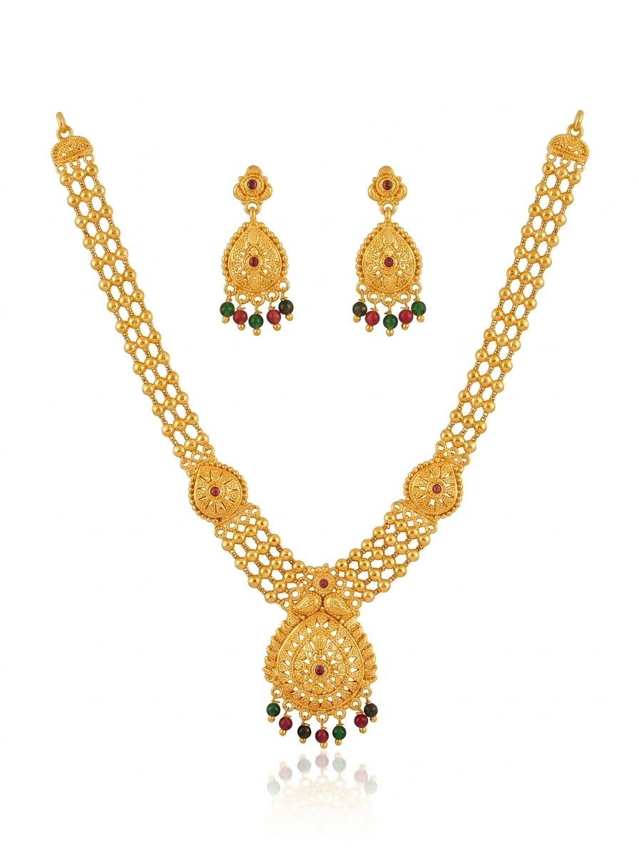 Layered Beaded Gold Chain Necklace & Tassel Earring Set