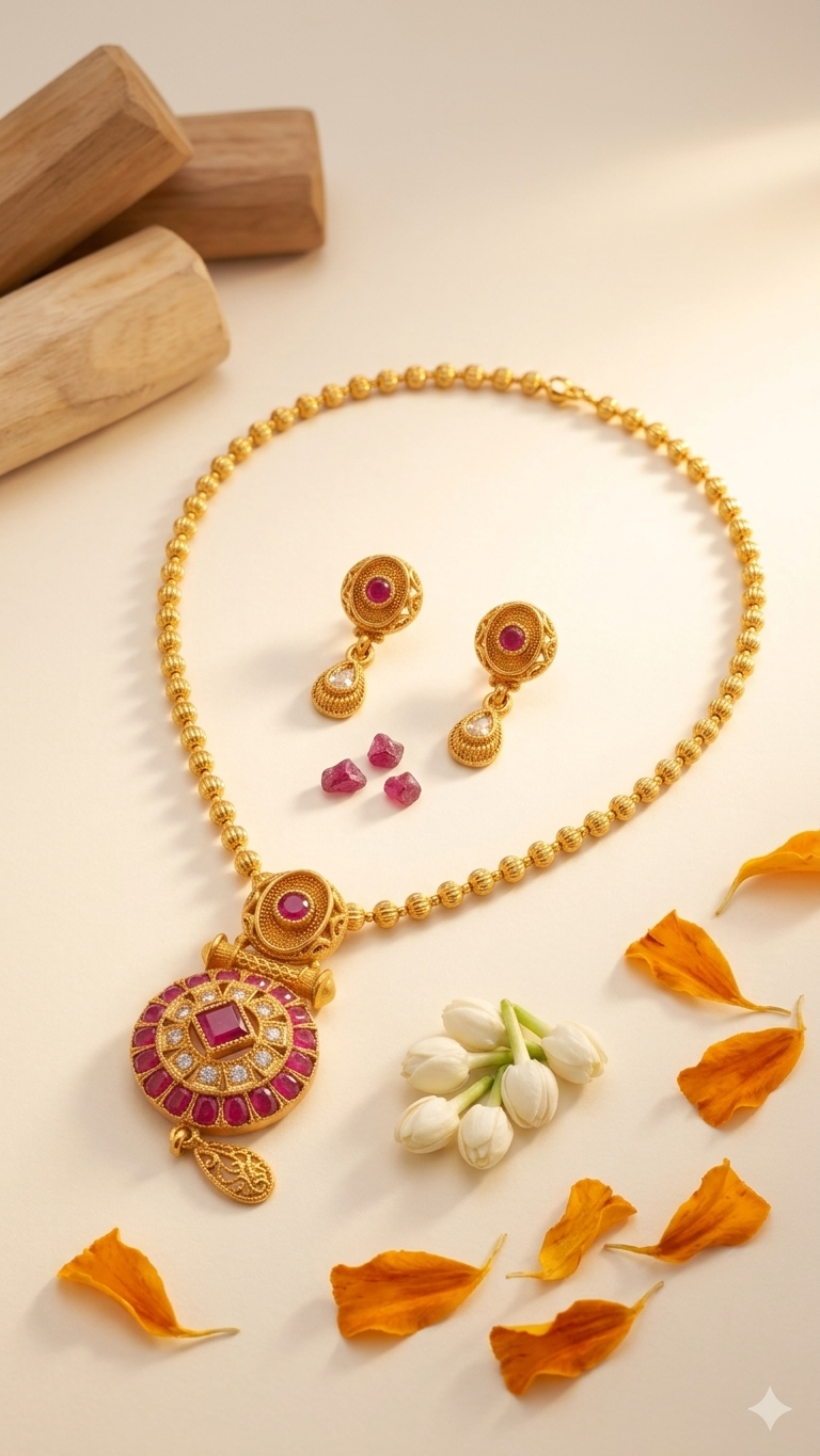 Ruby Circular Pendant Gold Chain Necklace & Earring Set