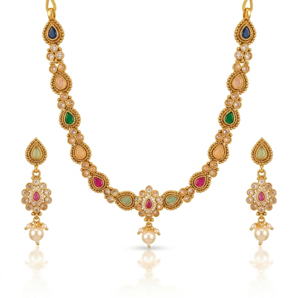 Navratan Multicolour Teardrop Necklace & Pearl Drop Earring Set