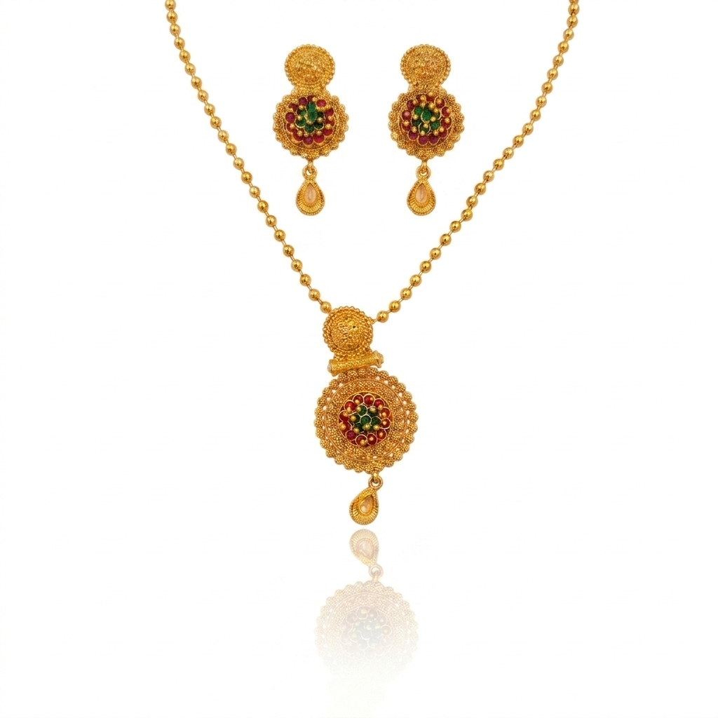 Antique Gold Pendant & Earring Set with Ruby & Emerald Stones