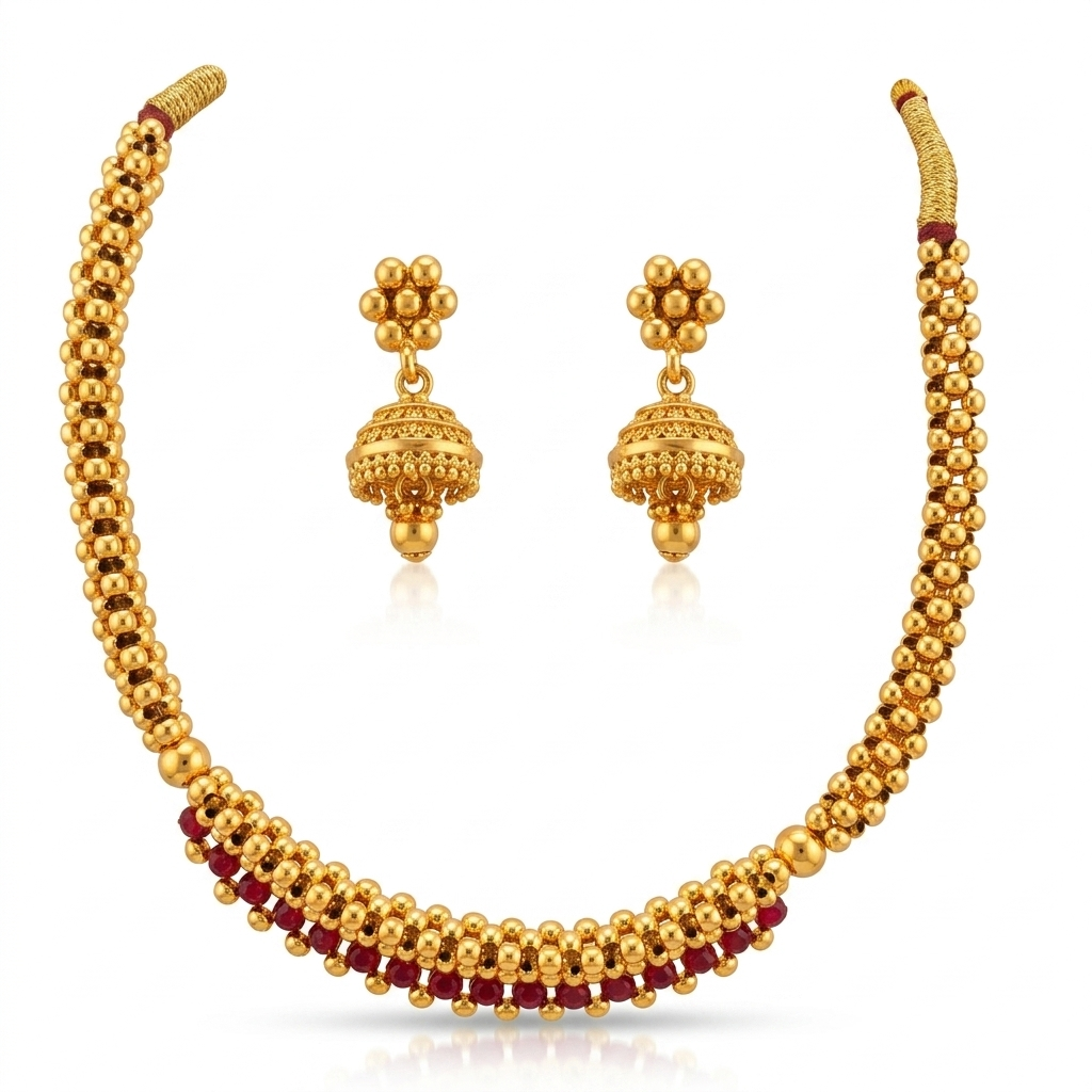 Gold Hasli Choker Necklace with Ruby Stones & Jhumka Earring Set