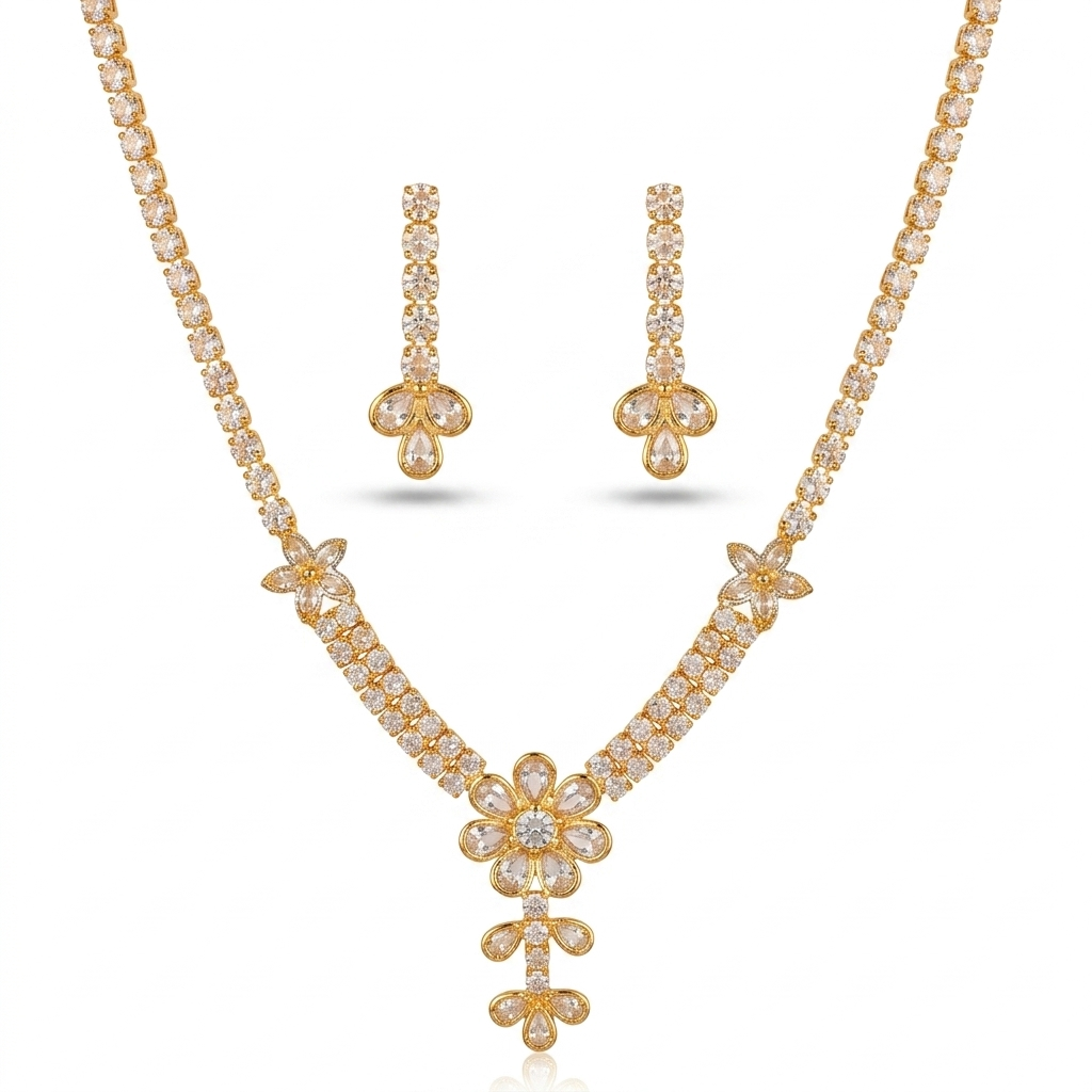 CZ Diamond Floral Tennis Necklace with Long Drop Earring Set