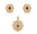 Polki Uncut Diamond Hexagonal Pendant & Earring Set with Ruby Centre