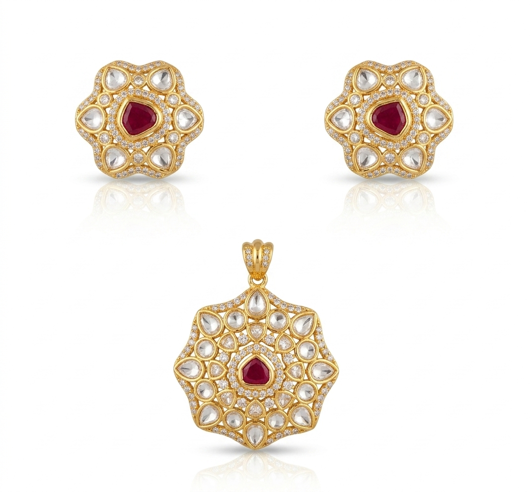 Polki Uncut Diamond Hexagonal Pendant & Earring Set with Ruby Centre