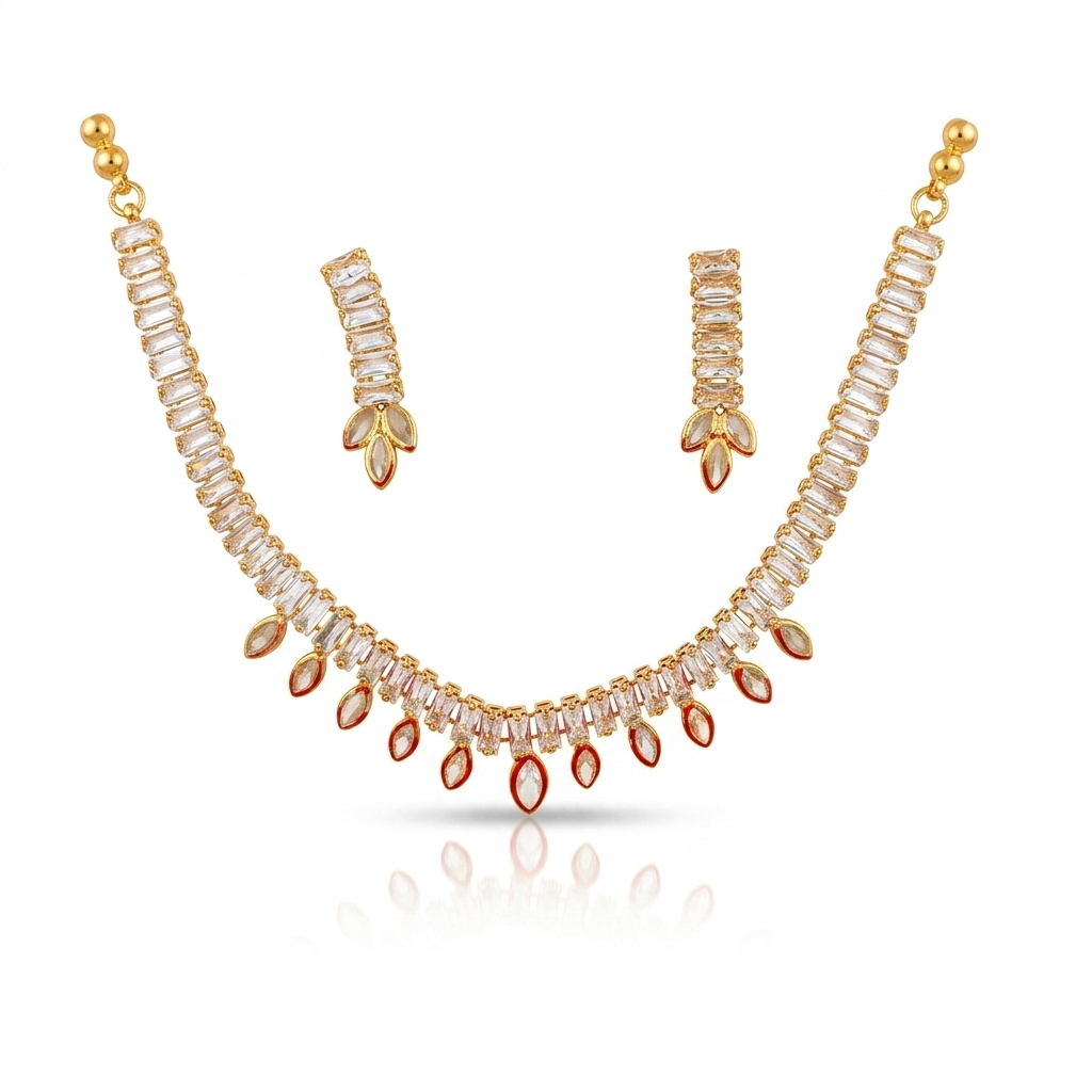 CZ Baguette & Marquise Fringe Necklace with Drop Earring Set