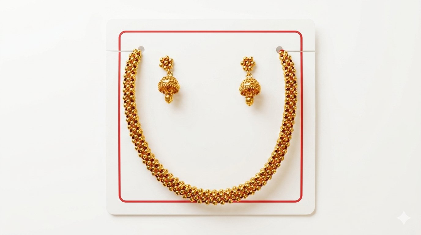 Gold Ball Cluster Choker Necklace with Mini Jhumka Earring Set