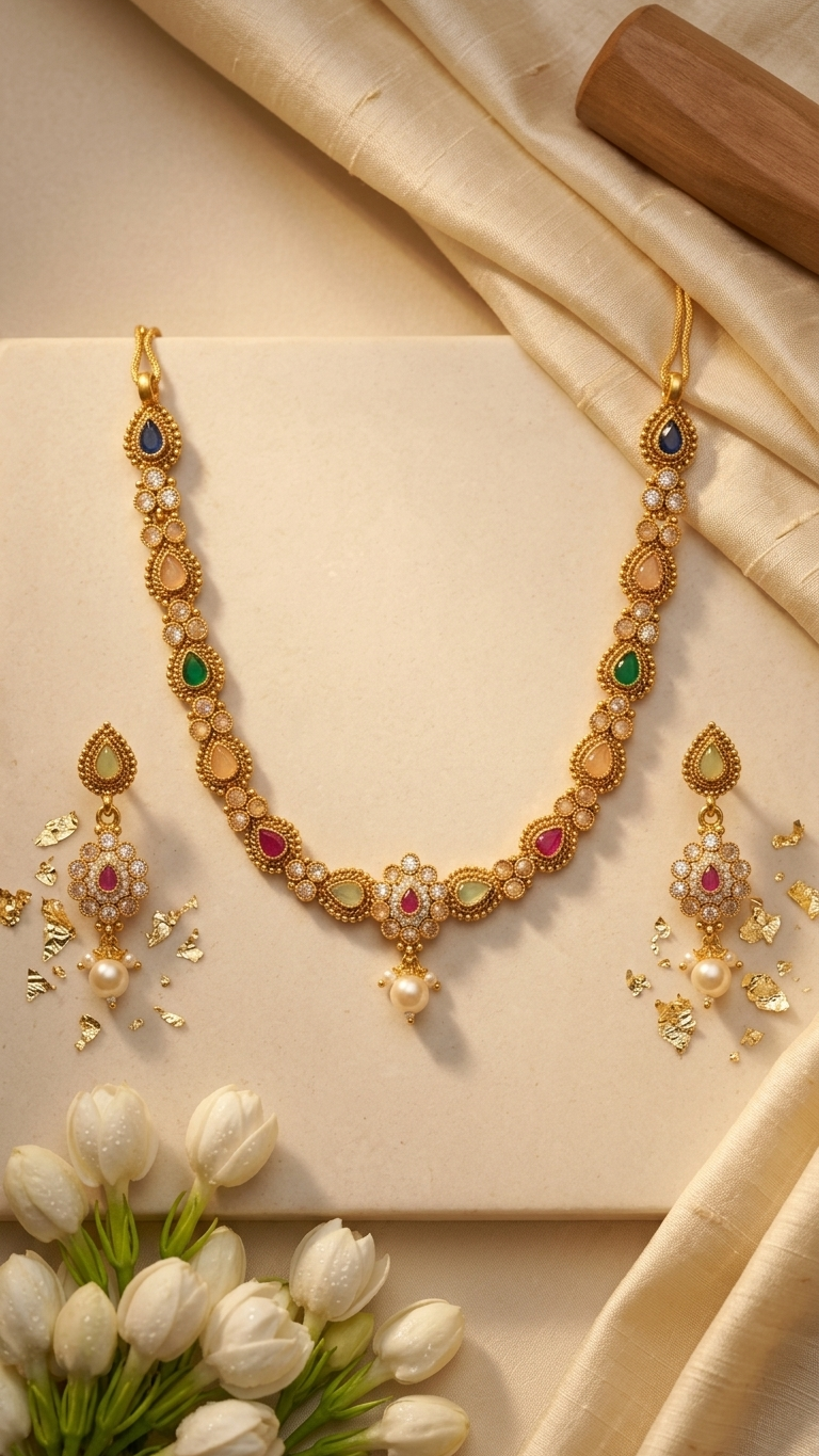 Navratan Multicolour Teardrop Necklace & Pearl Drop Earring Set
