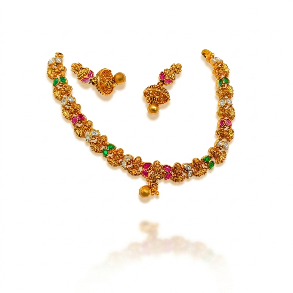 Temple Lakshmi Ruby Emerald Necklace & Jhumka Earring Set