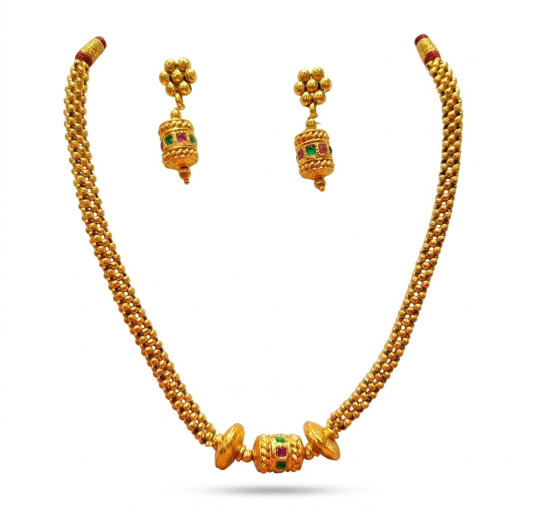 Gold Antique Naga Tube Bead Necklace with Drum Jhumka Earring Set
