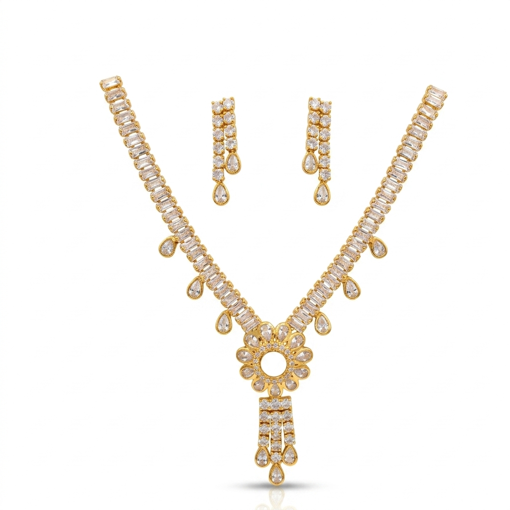 CZ Baguette V-Shape Necklace with Floral Medallion Pendant Set