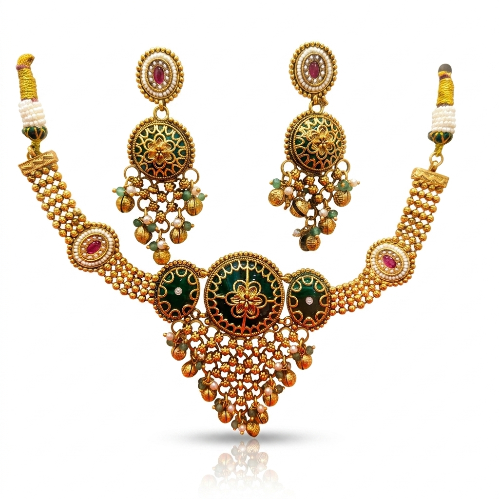 Antique Gold Meenakari Choker with Green Enamel Medallion & Chandelier Earrings