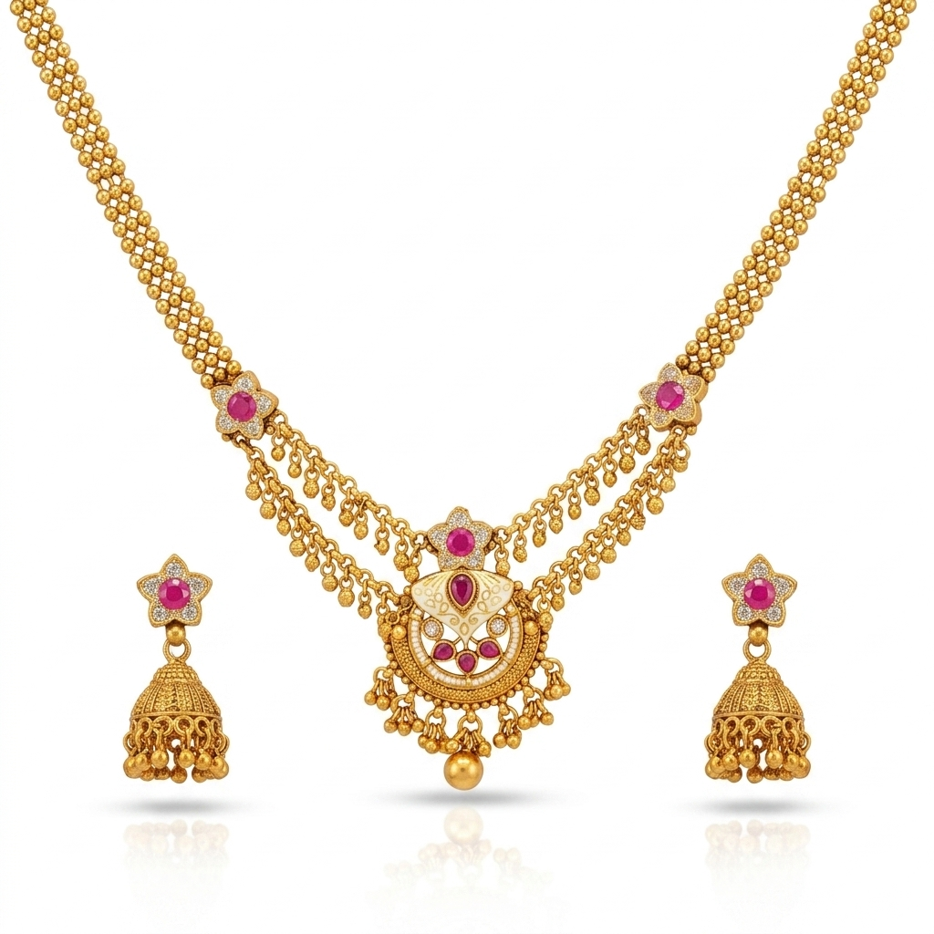 Gold Multi-Strand Ball Chain Necklace with Ruby Crescent Moon Pendant & Jhumka Set