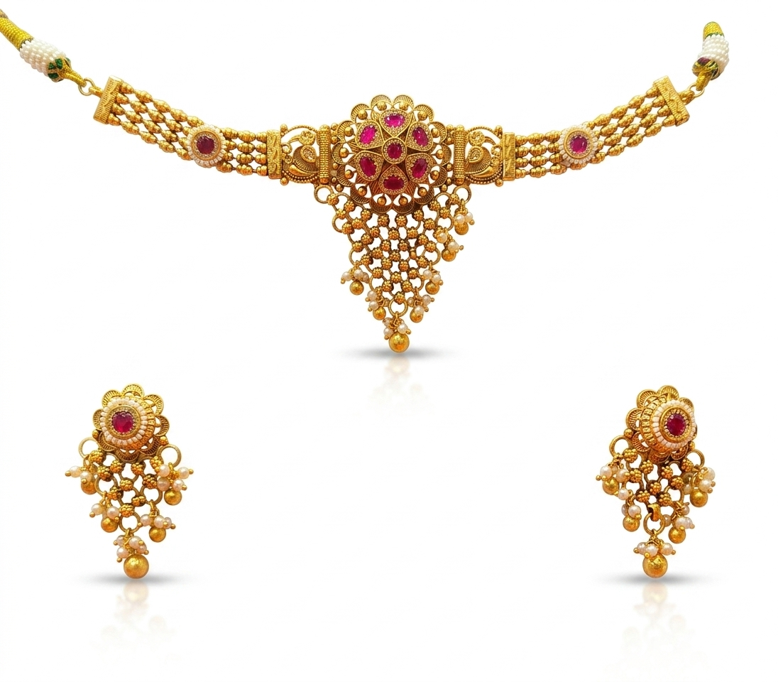 Gold Antique Floral Choker Necklace with Ruby Stones & Pearl Drop Earring Set