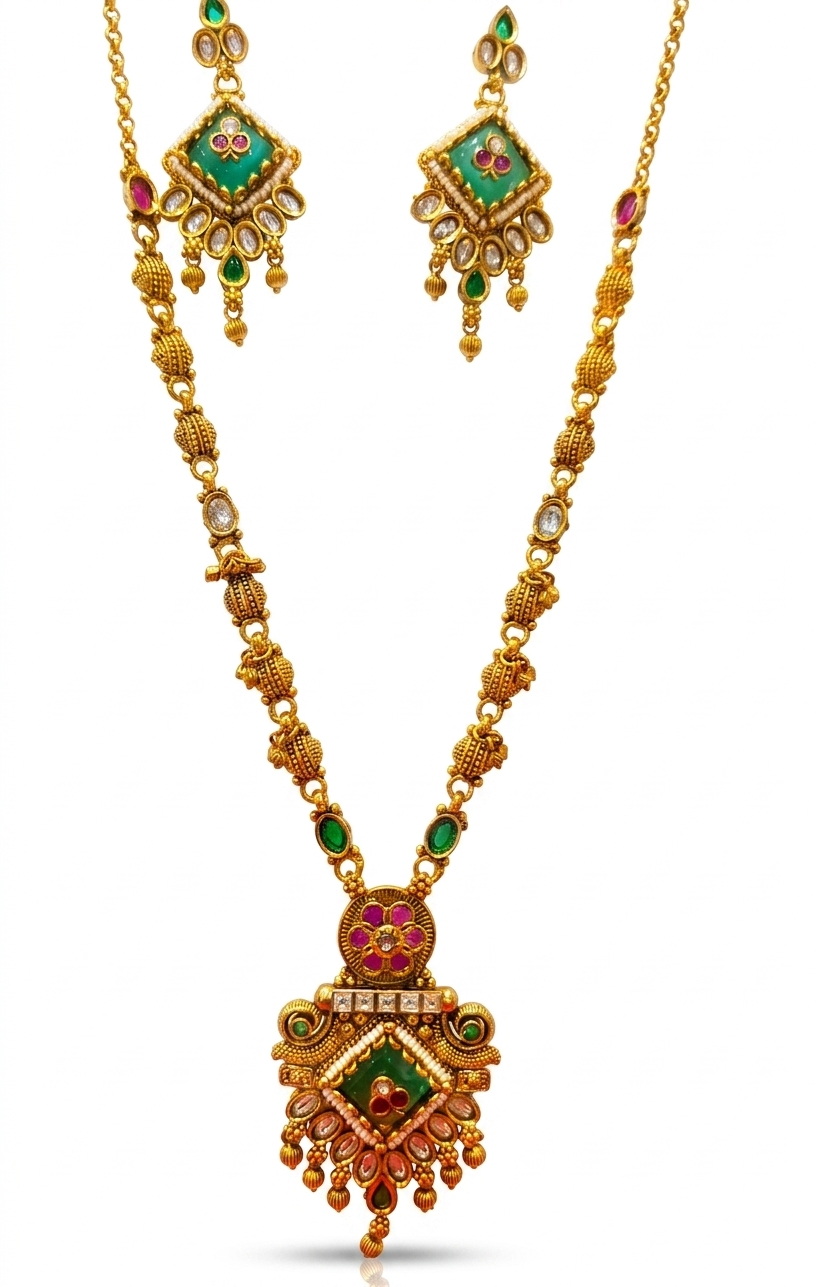 Gold Kundan Long Chain Necklace with Green Meenakari Diamond Pendant Set