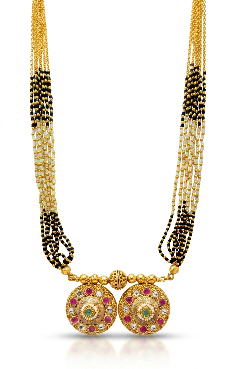 Multi-Strand Black & Gold Bead Mangalsutra with Twin Circular Pendant