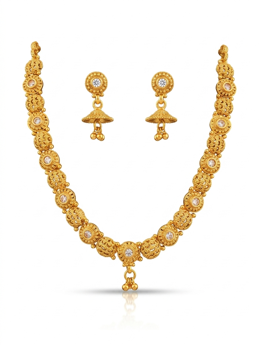 Antique Gold CZ Disc Necklace & Jhumka Earring Set