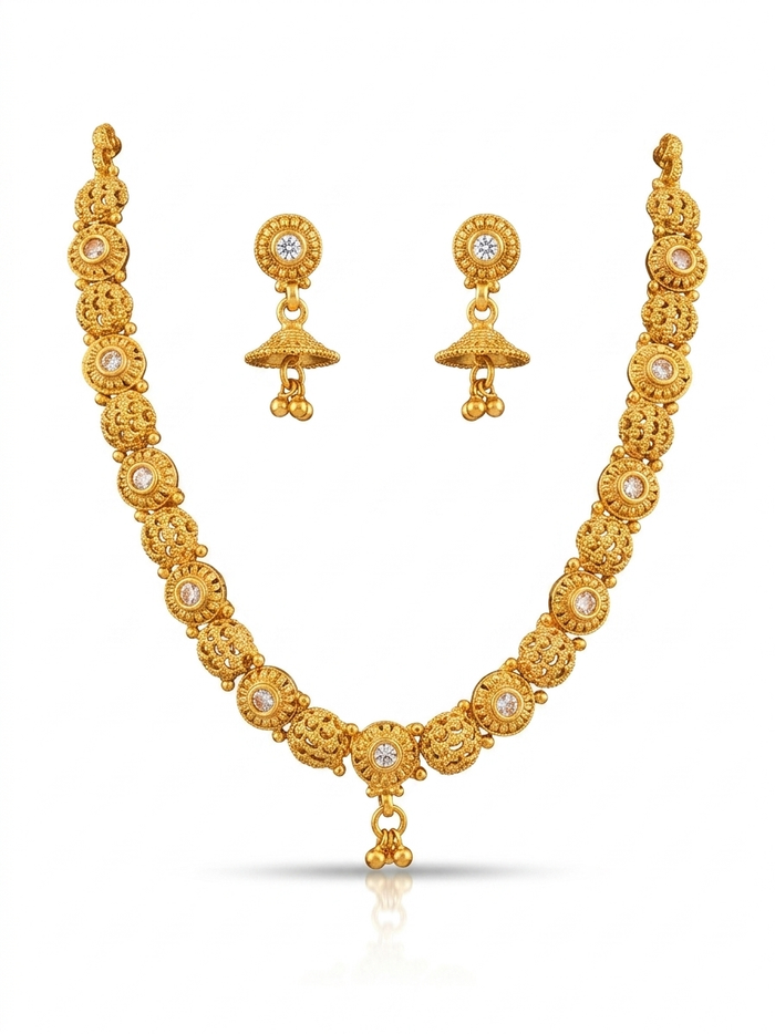 Antique Gold CZ Disc Necklace & Jhumka Earring Set