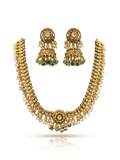 Antique Gold Guttapusalu Necklace with Pearl & Emerald Jhumka Set