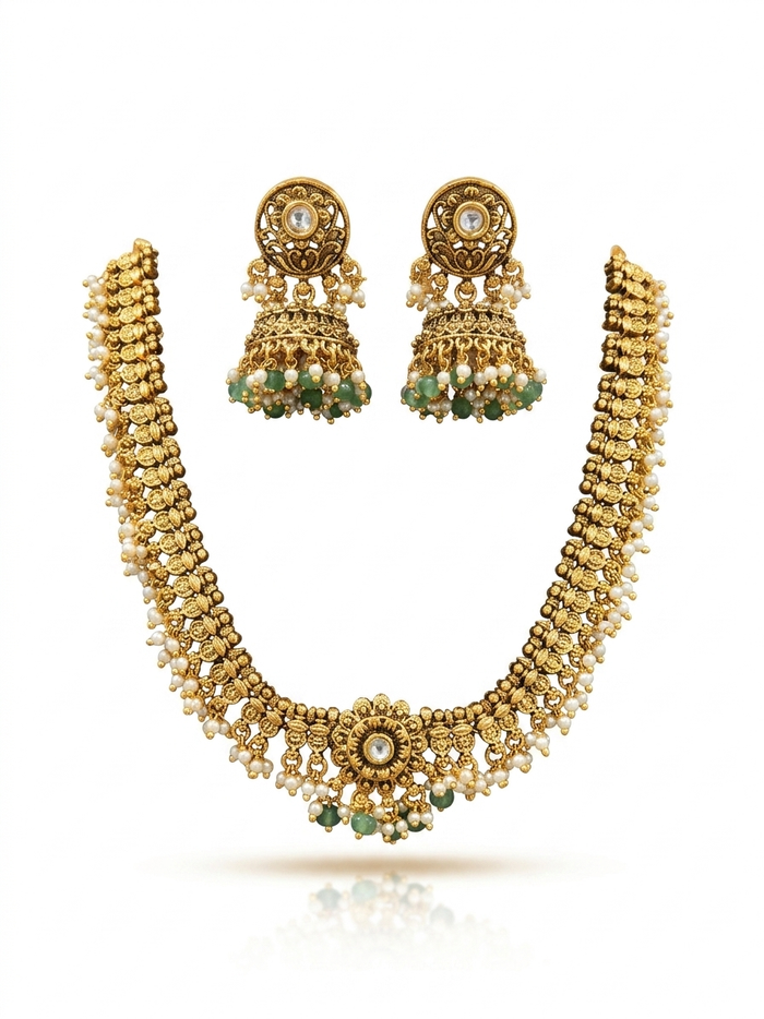 Antique Gold Guttapusalu Necklace with Pearl & Emerald Jhumka Set