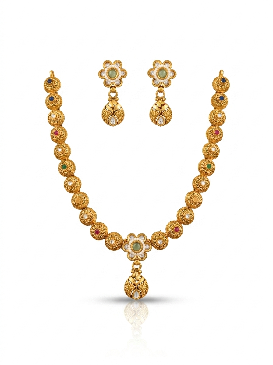 Navratan Multi-Stone Disc Necklace & Kundan Teardrop Earring Set