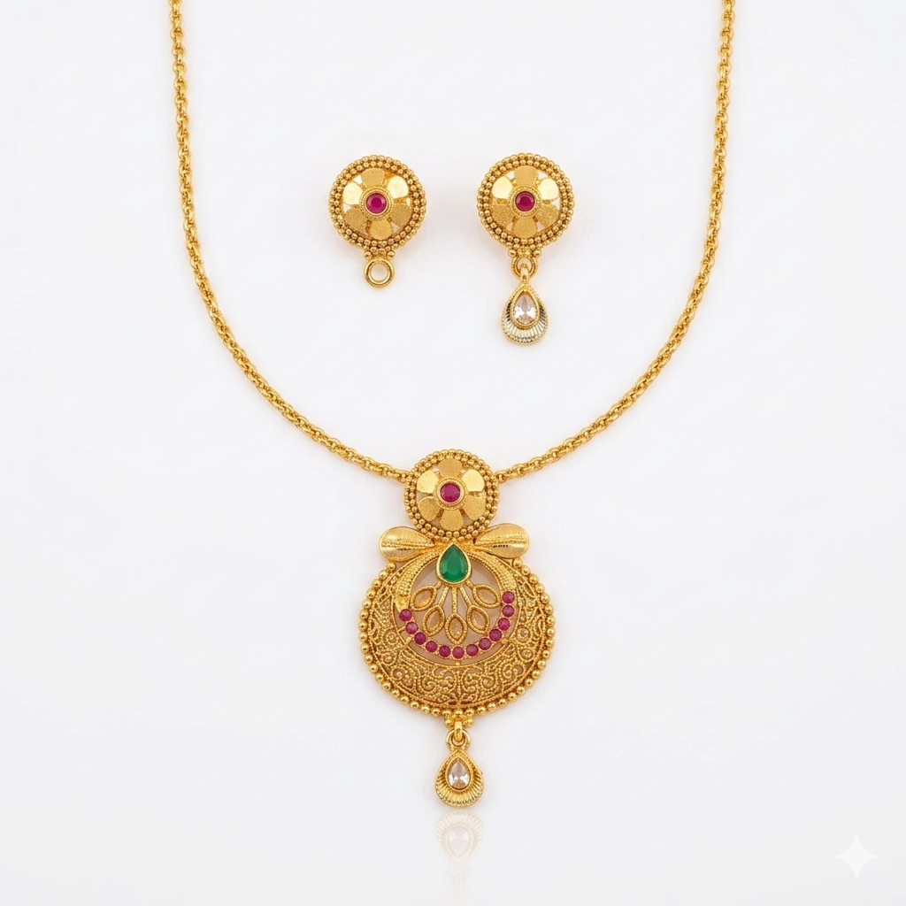 Antique Chandbali Pendant Necklace & Round Stud Earring Set