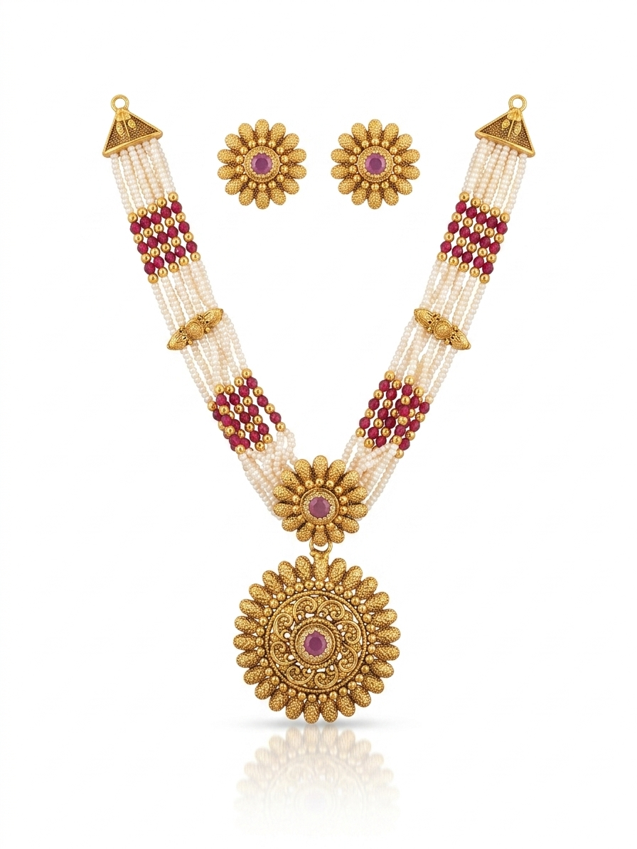 Ruby Red Polki Pendant Necklace & Tassel Earring Set